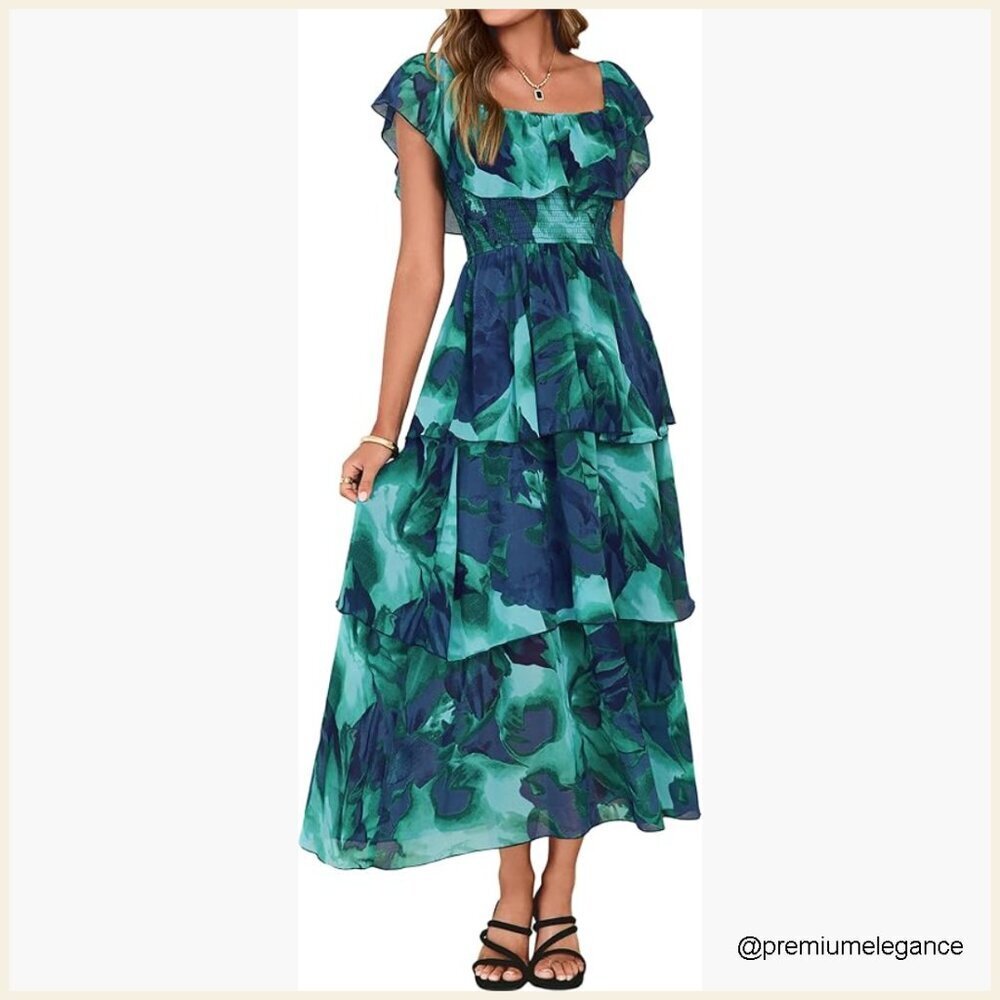 Floral Off Shoulder Smocked Maxi Dress Tiered Chiffon Wedding Guest